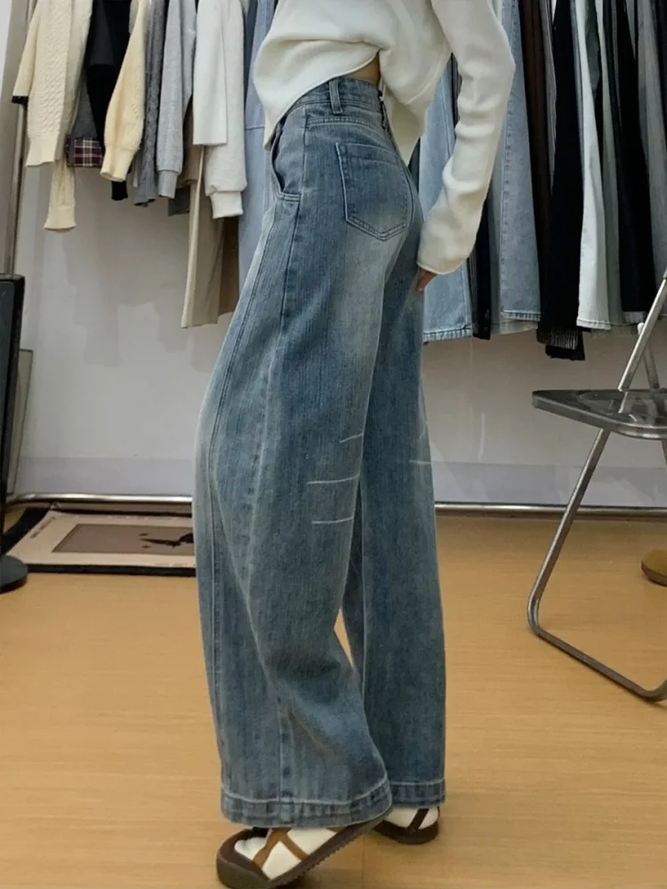 プラスサイズ ハイウエスト ブルー ジーンズ レディース ストレートレッグ ワイドレッグパンツ 梨型体型 着痩せ ルーズフィット カジュアルウェア