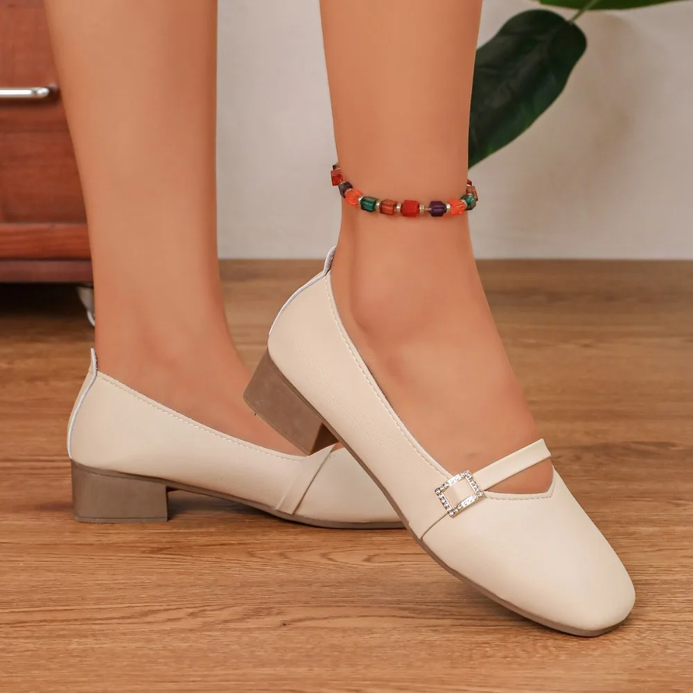 2026 Spring Autumn New Style French Shallow Pointed Toe Coarse Heel Single Shoe Women's Simple Low Heel Lazy Casual Small Leathe