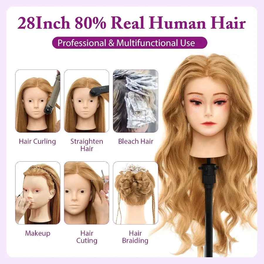 رأس عارضة أزياء 28 بوصة مع 80 شعر بشري حقيقي للمكياج والتجميل وتدريبات تصفيف الشعر وممارسة التصميم المثالية لـ Brai