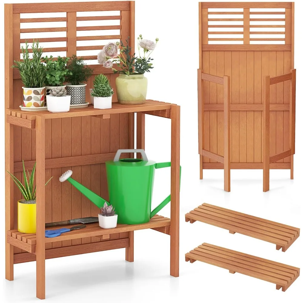 Garden Potting Bench Table, Folding Potting Bench Outdoor Workstation with Trellis & 2-Tier Shelves, Wood Potting Table for Outd