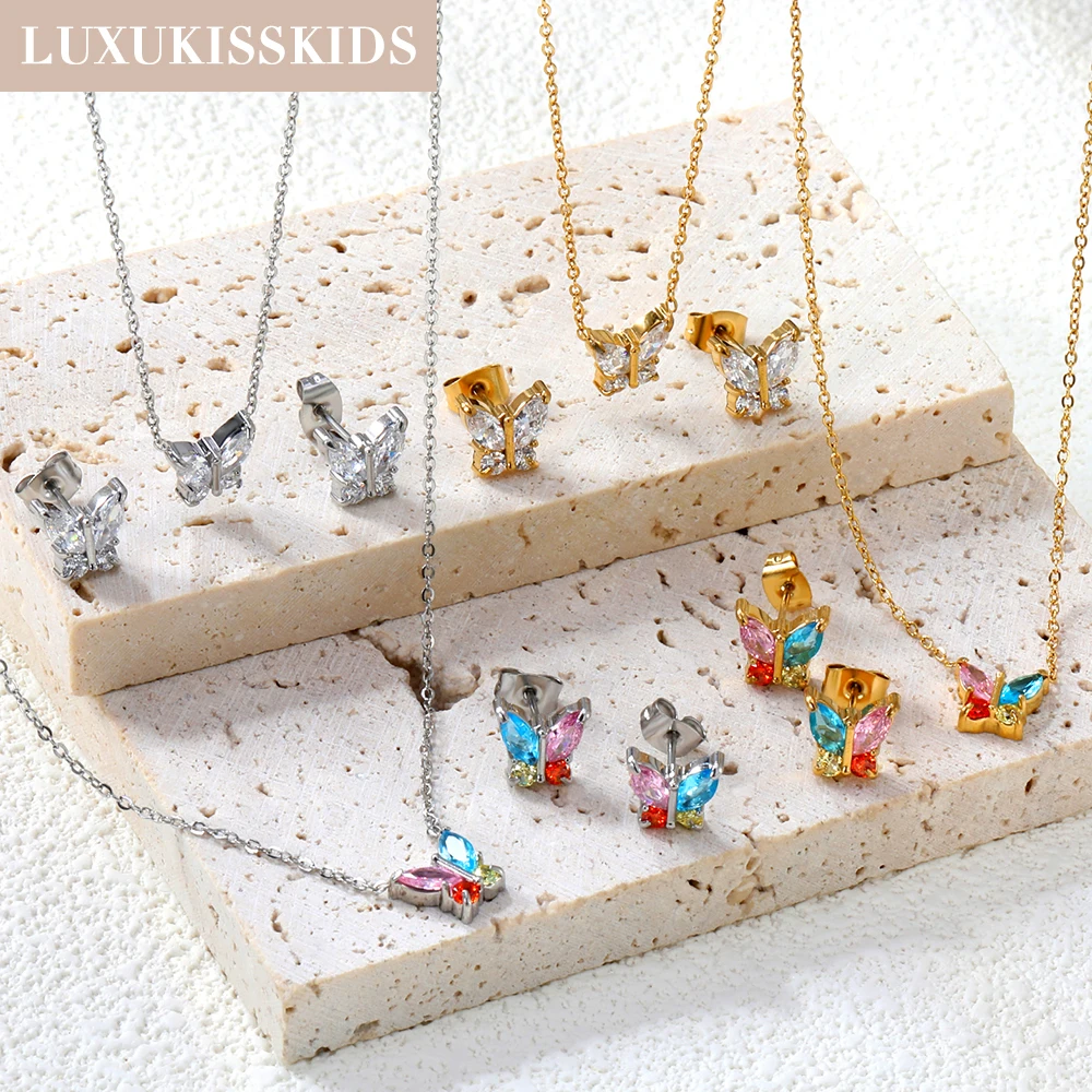 LUXUKISSKIDS Butterfly Earrings Stainless Steel Shiny Crystal Jewelry Set Romantic Butterflies Charms Necklace серьги Decoration
