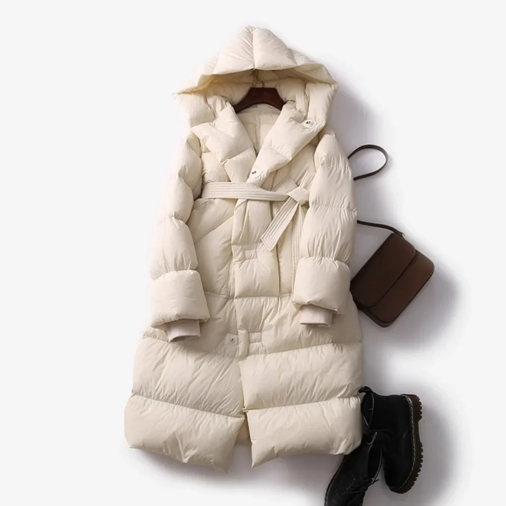 New Puffer Jacket White Duck Down Winter Solid Thick Warm Female Fashion Oversize Hooded Sashes Tie Up Over Women The Knee Coat