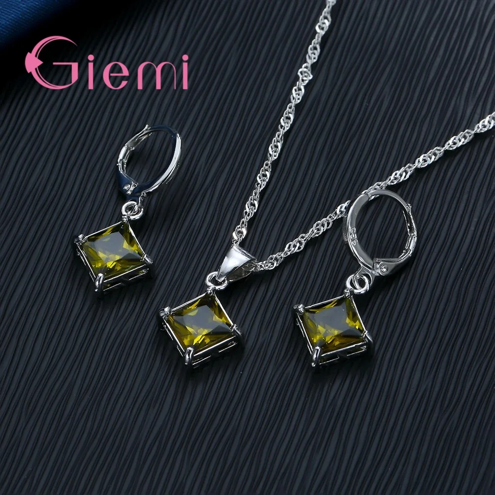 Big Promotion 925 Sterling Silver  Necklace Earrings Jewelry Sets for Women Female Classic Square Clear Zircon Bijoux