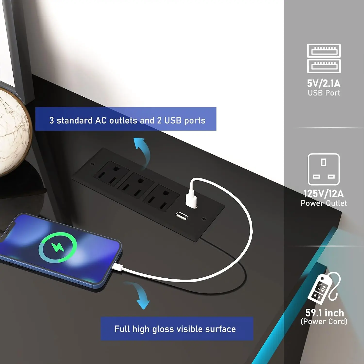 LED TV Stand for 95 Inch TV, Modern Gaming TV Stand with Power Outlet, High Gloss TV Console Entertainment Center