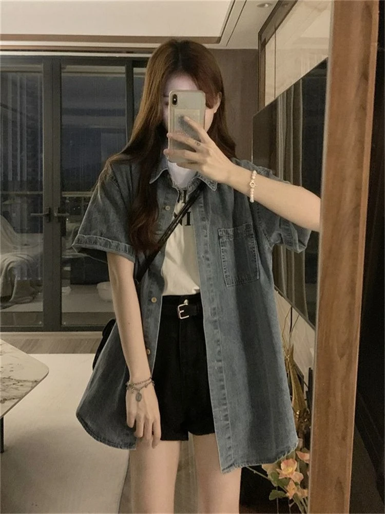 

Summer Lightweight Thin Short Sleeve Mid Length Denim Shirt Loose Fit Slimming Casual Versatile Salt Style Vintage Trendy Top