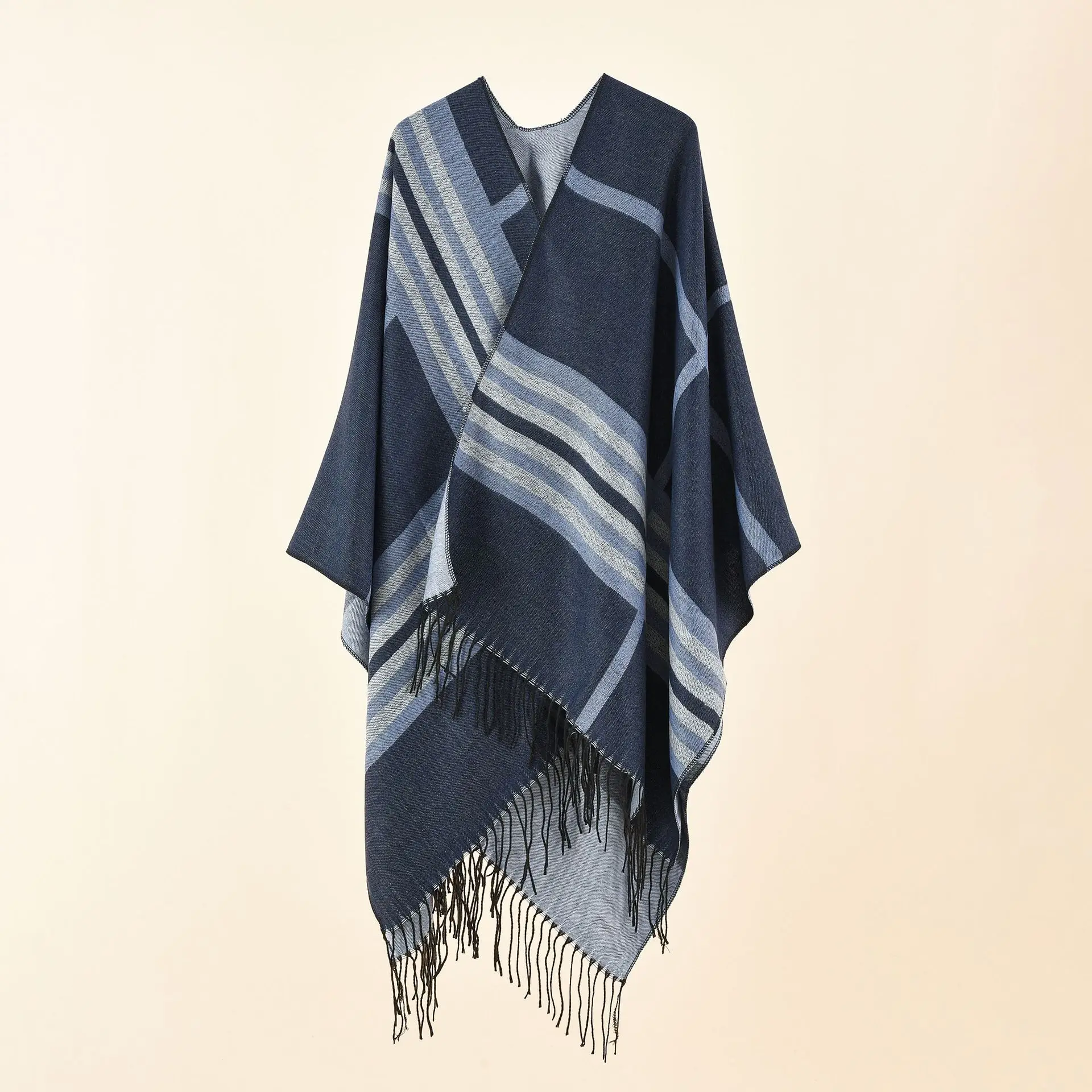 2022 Autumn Winter New Large Plaid Stripe Pattern Imitation Cashmere Warm Casual Women Shawl Tassels  Poncho Capes Coat Black