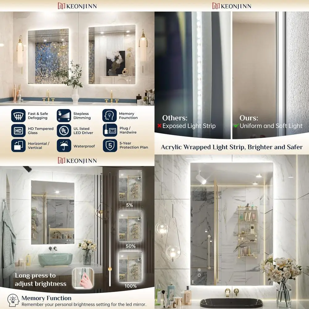 

Зеркало для ванной с LED-подсветкой 24 x 40 дюймов, с функцией антизапотевания, CRI 90+, из закаленного стекла, с регулируемой яркостью, высокой светоотдачей, сертифицировано UL, водонепроницаемое.