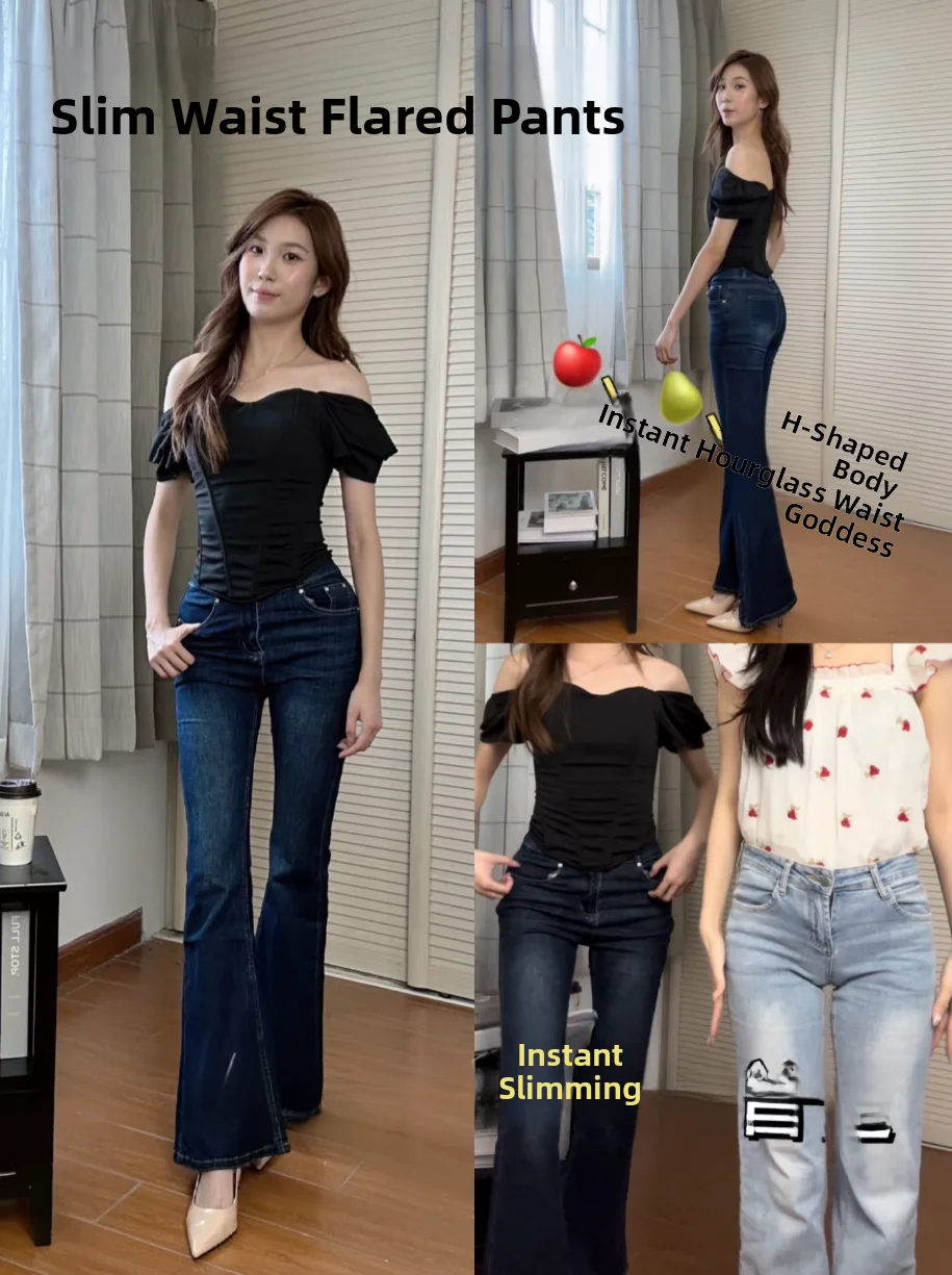 

High Waist Slimming Stretchy Jeans with Butt Lifting Design k Blue Double Bule Waed out Micro Flared Long Pants