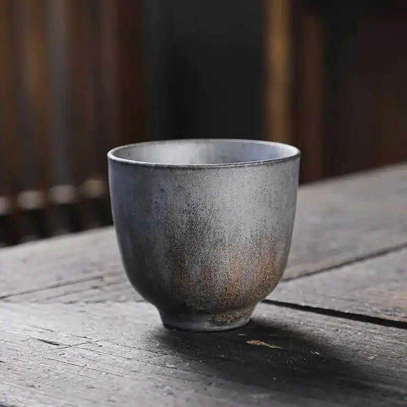 فنجان شاي صغير من الفخار الخشن، كوب رئيسي، طقم شاي كونغ فو منزلي فردي على الطراز الياباني من الحديد المطلي بالصدأ والسيراميك المزجج، شاي