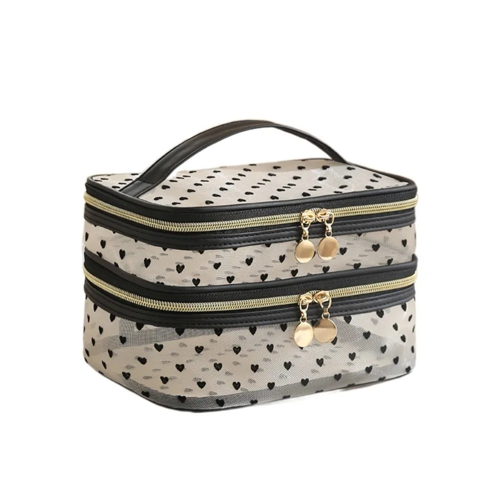 Double/Single Layer Mesh Love Makeup Bag Black Heart Printed Zipper Women Toiletry Bag Transparent Large Capacity