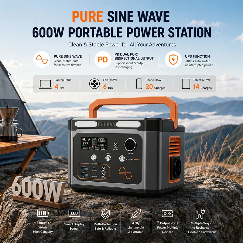 Estación de Energía Portátil de 600w, Batería de 100000mAh/310wh, Salida de CA de 220v para Acampar al Aire Libre, Viajes y Uso Doméstico