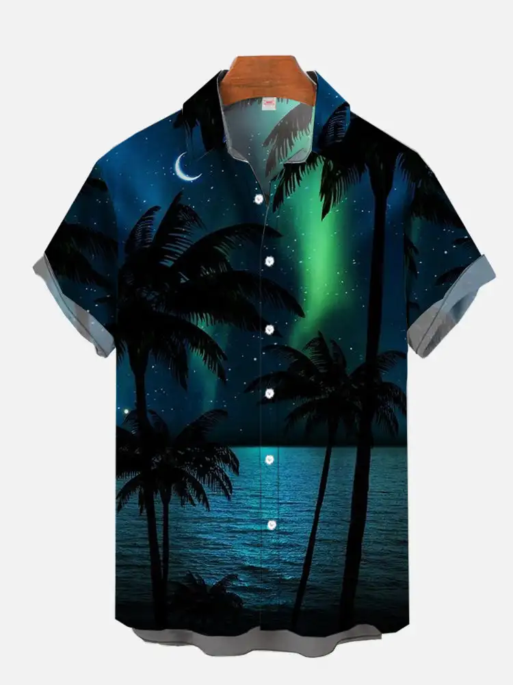 Men\'s Hawaiian coconut tree print shirts Summer aurora pattern short sleeved shirt Men\'s beach button shirt Trend lapel shirts