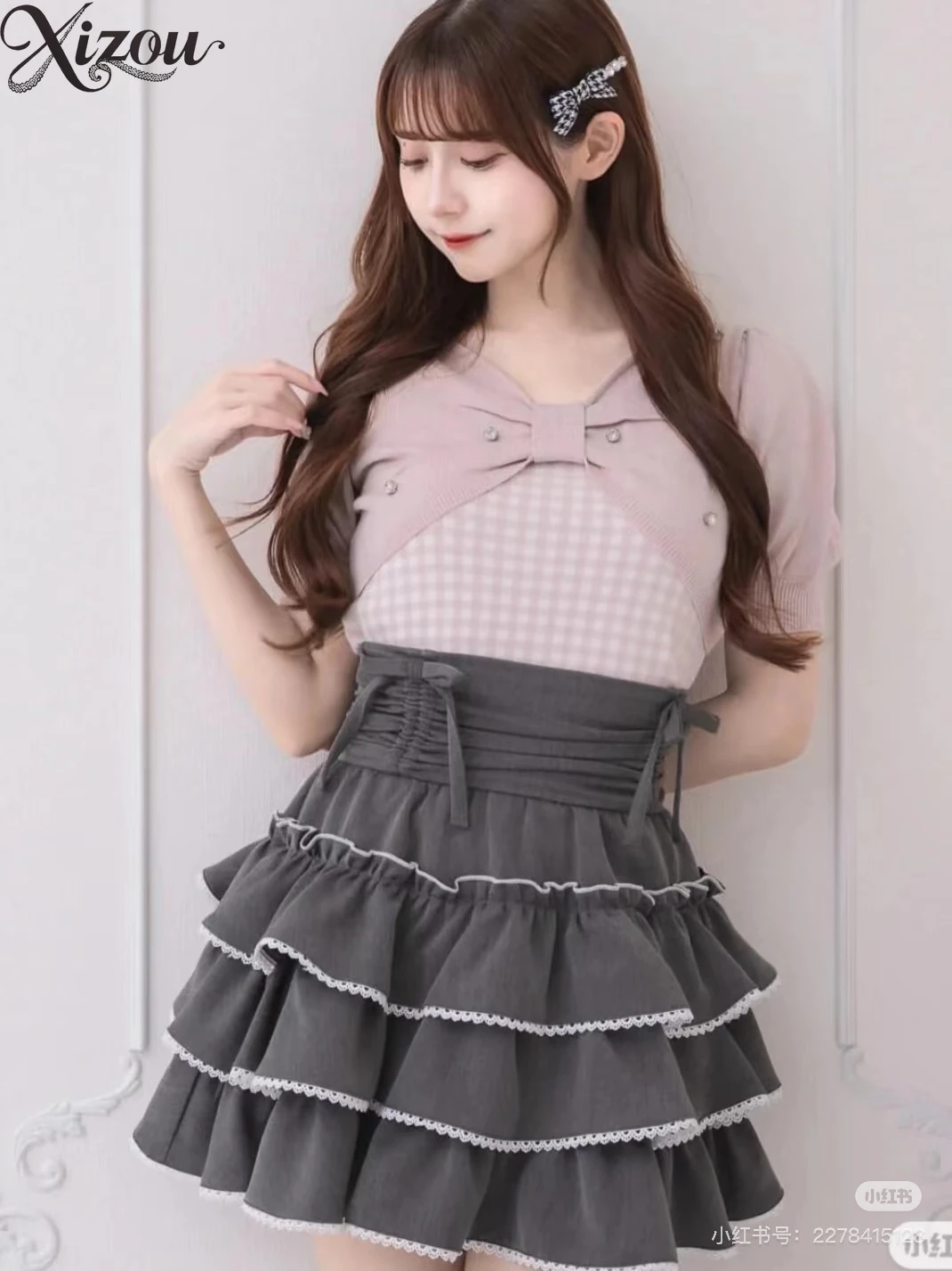 Japanische Frauen Kawaii Top 3-lagige Schleife Hohe Taille Kuchen Minirock Spice Girls 2025 Sommer Frühling Schnürrüschen Empire Sweet