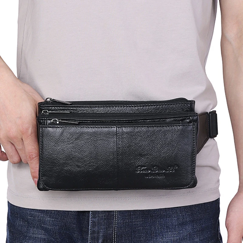 Men Waist Fanny Pack Belt Hip Bag Purse Genuine Leather Travel Fashion Real Cowhide Male Shoulder Sling Chest Cross body Bag