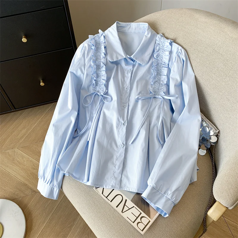 

Женская синяя рубашка с кружевным бантом 2000-х годов, эстетичная милая корейская рубашка Y2k Harajuku, простая и модная рубашка со свободным узором