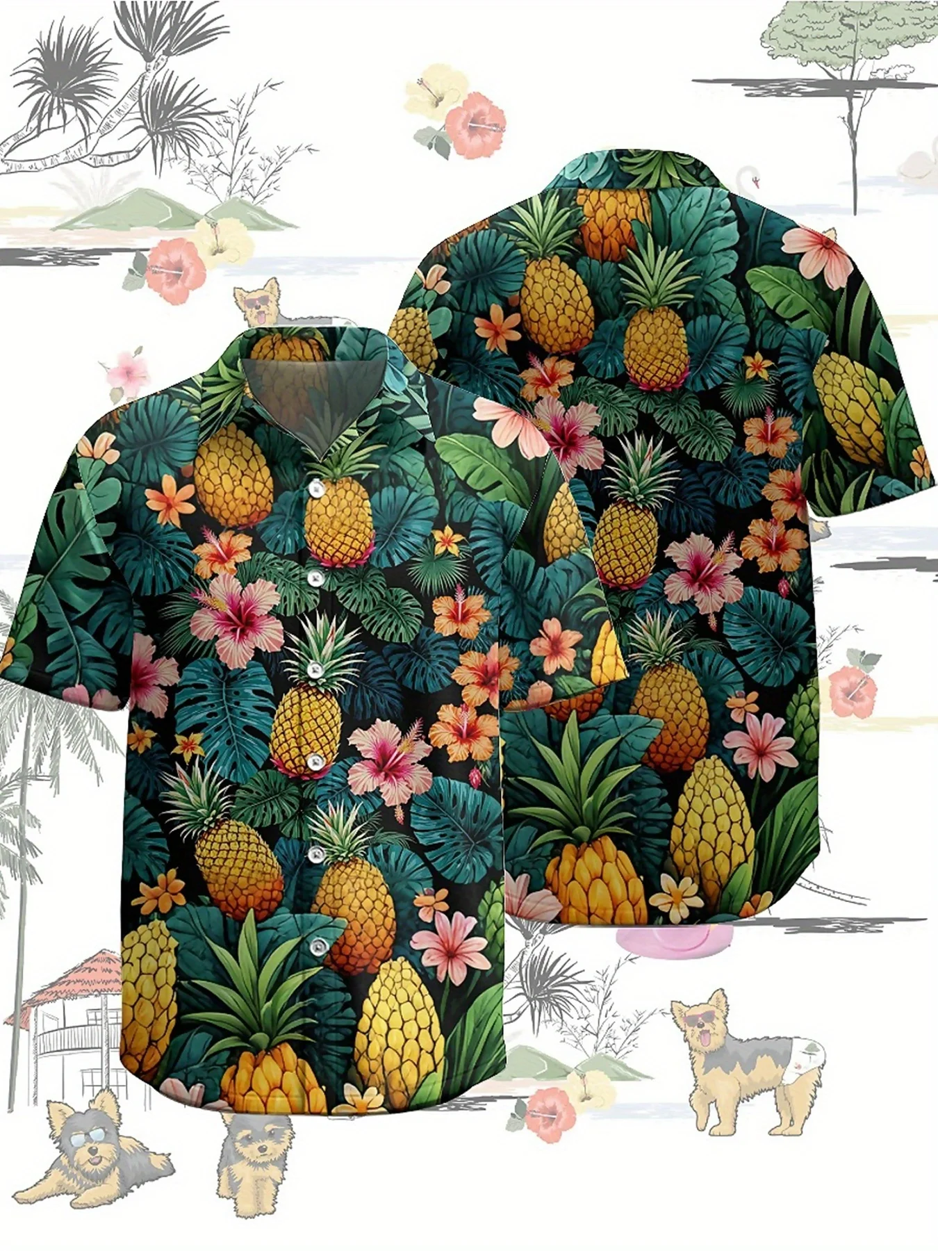 Men's Hawaiian Shirt - Pineapple and Tropical Plants Pattern, Large Size Aloha Shirt, Breathable Loose , Casual Summer Clothing