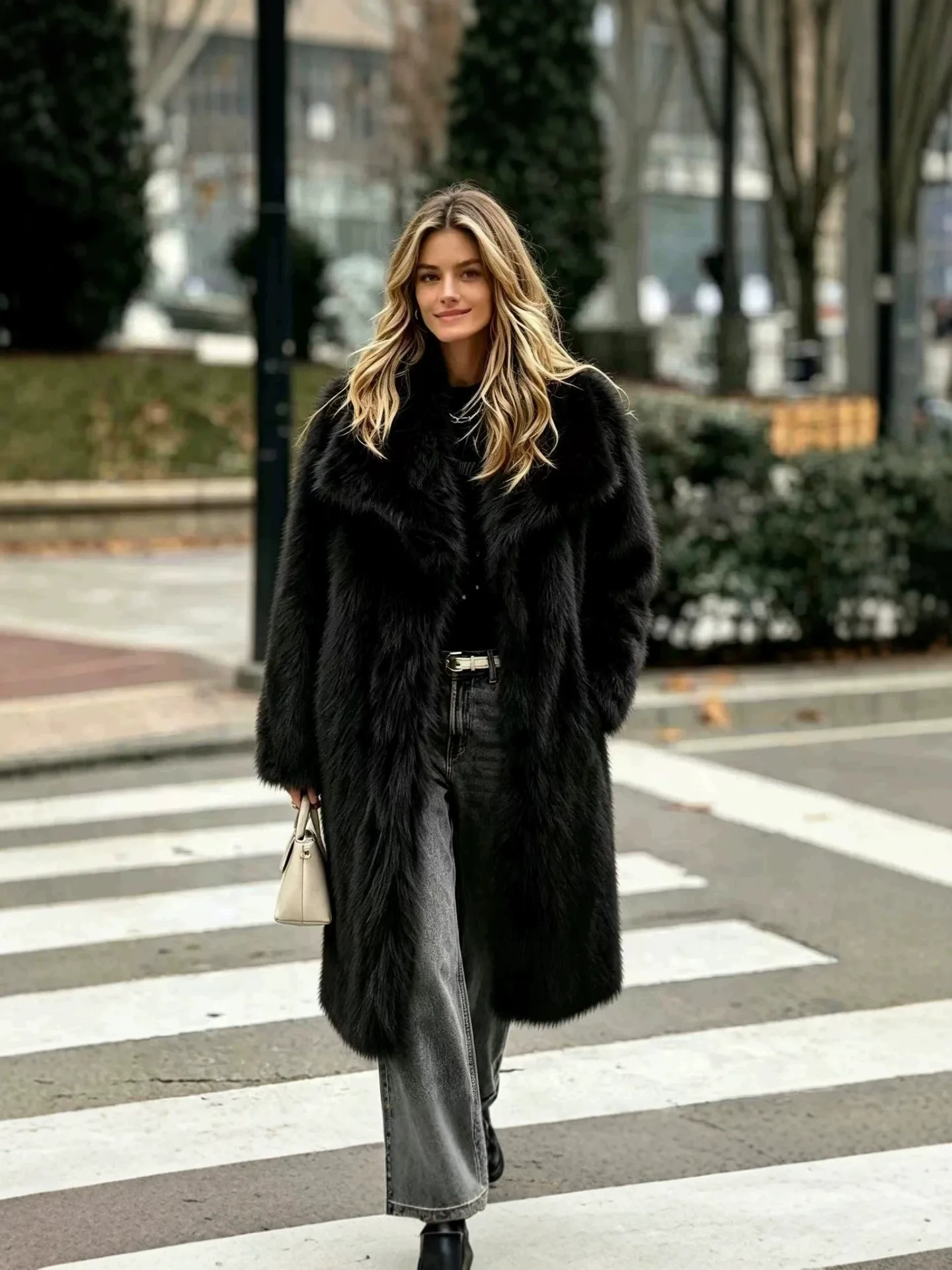 Winter Long Pants for Women with Large Flared Fur Collar Fox Fur-Like Coats And Jackets Warm Stylish Outerwear for Cold Weather