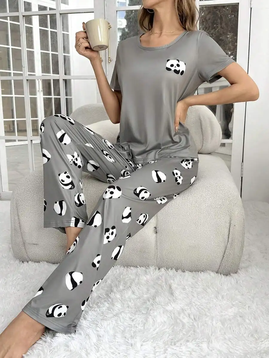 

Womens Panda Cartoon Print Short Sleeve Pajama Set Long Pants