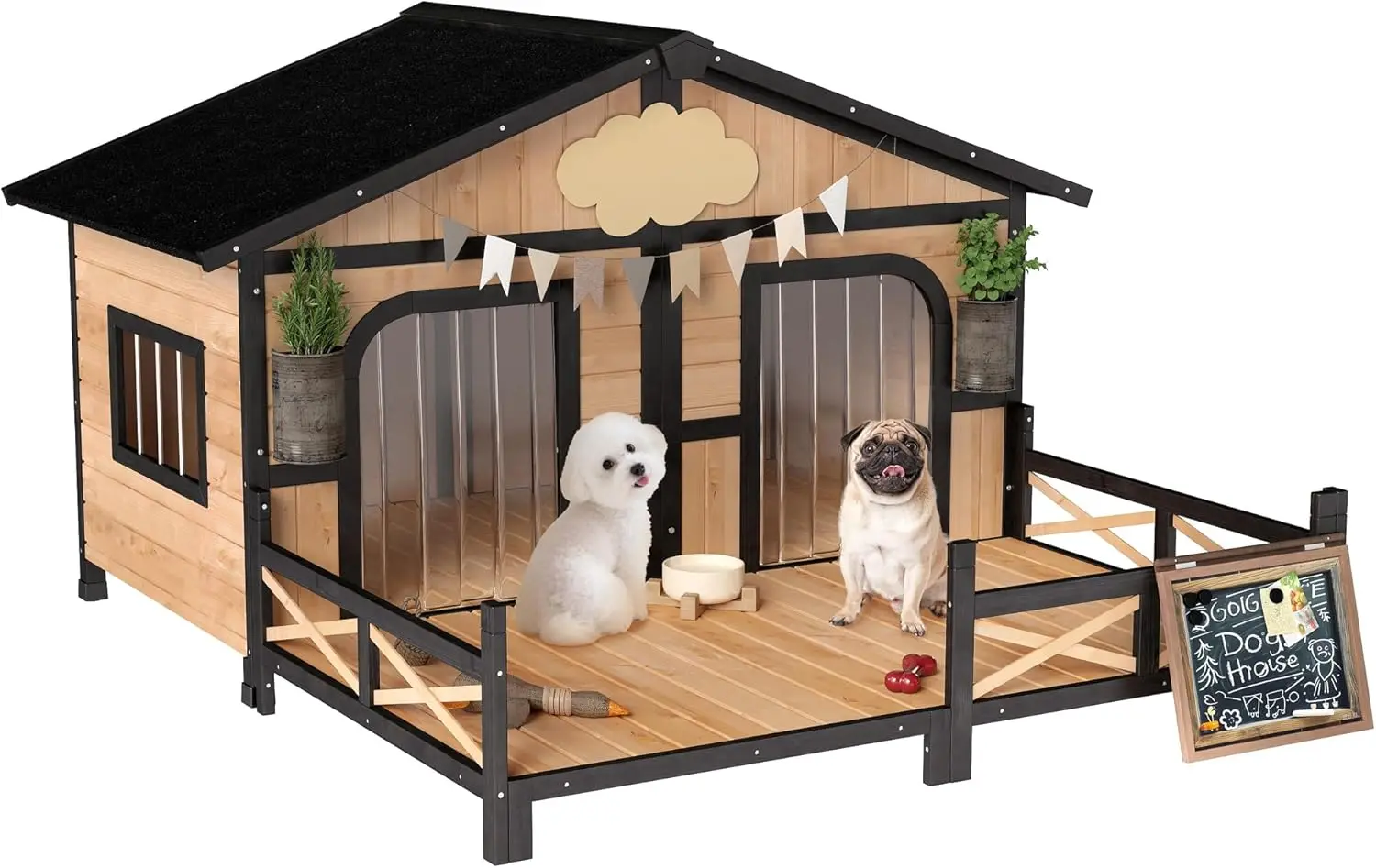 

Dog House Outdoor, Wooden Dog Kennel Weatherproof with Porch, Openable Roof, Removable Bottom, Elevated Floor, Double Room