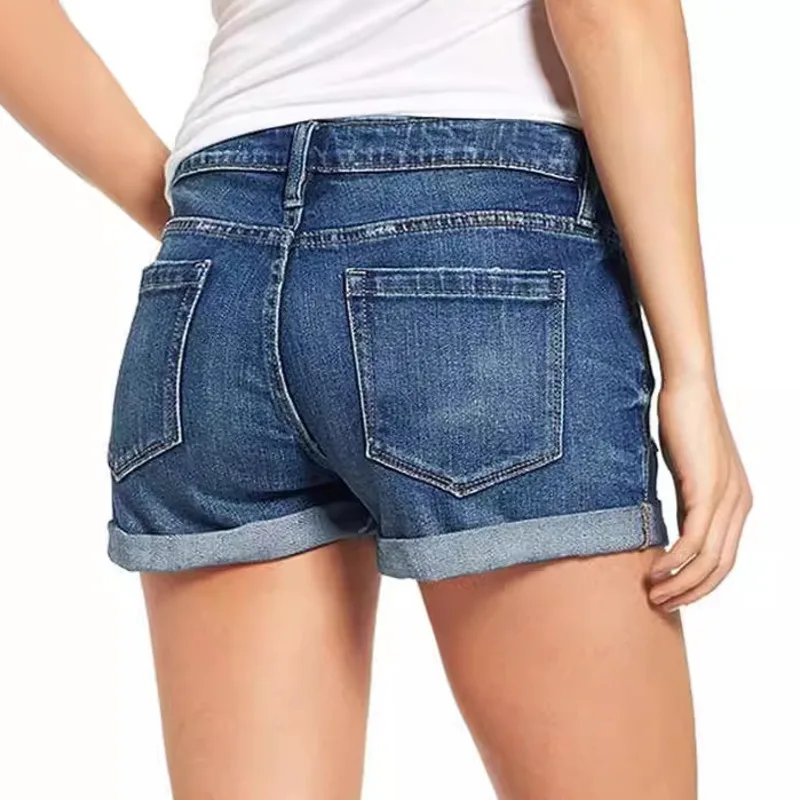 Blue Stretch Skinny High Waist Jean Shorts Woman Summer 2025 Casual Ripped Hole With Pocket Zipper Cuffed Denim Shorts