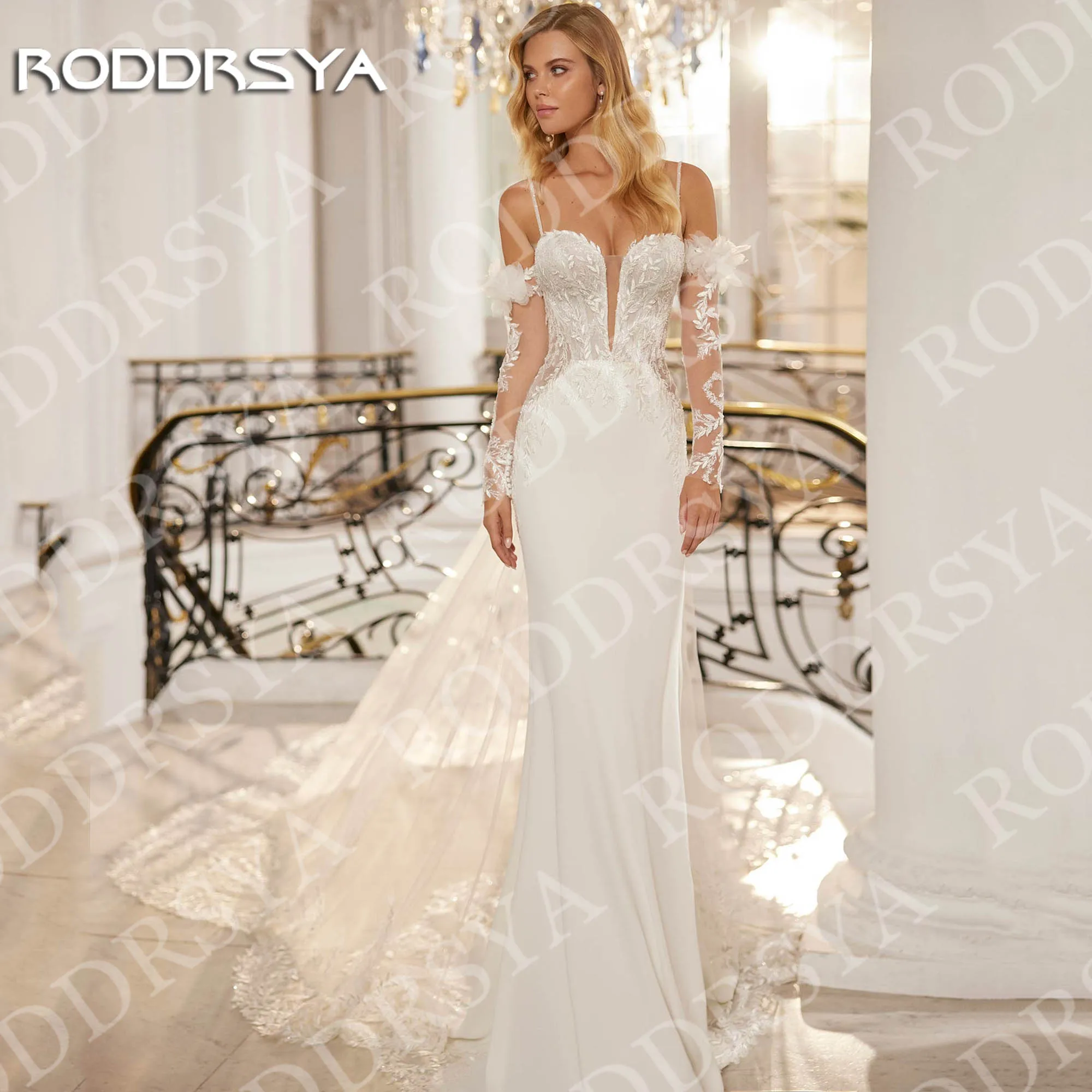 

RODDRSYA Mermaid Wedding Dress with Detachable Train Lace Long Sleeves Appliques Sweetheart Neck Bridal Dresses Woman Customized