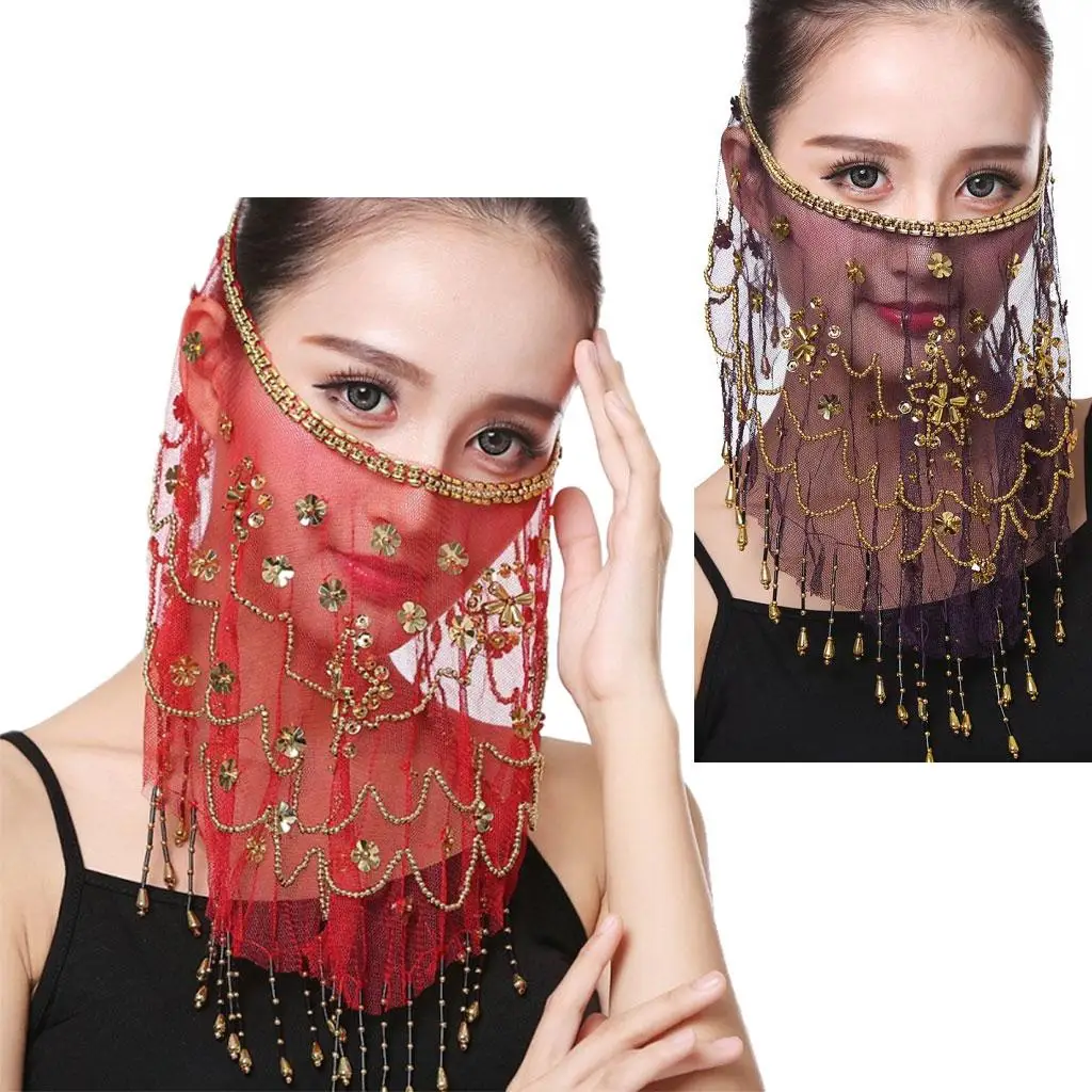 Belly Dance Veil Halloween with Sequins Head Scarf Play Beautiful Mesh