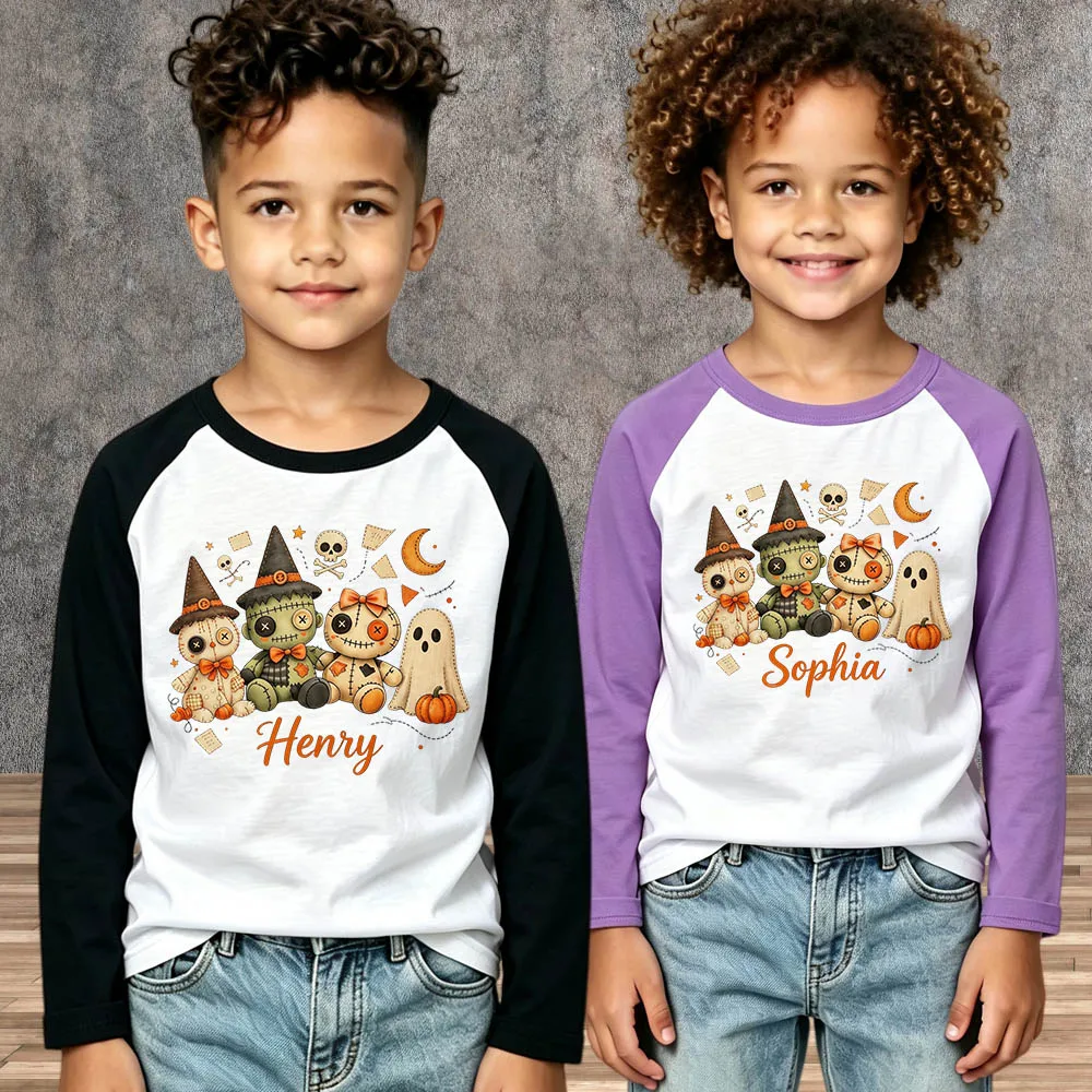 Boys Girls Children Custom Name Spooky Pumpkin T‑Shirt Personalized Halloween Shirt Kids Doll Print Cotton Long Sleeve Tops Tees