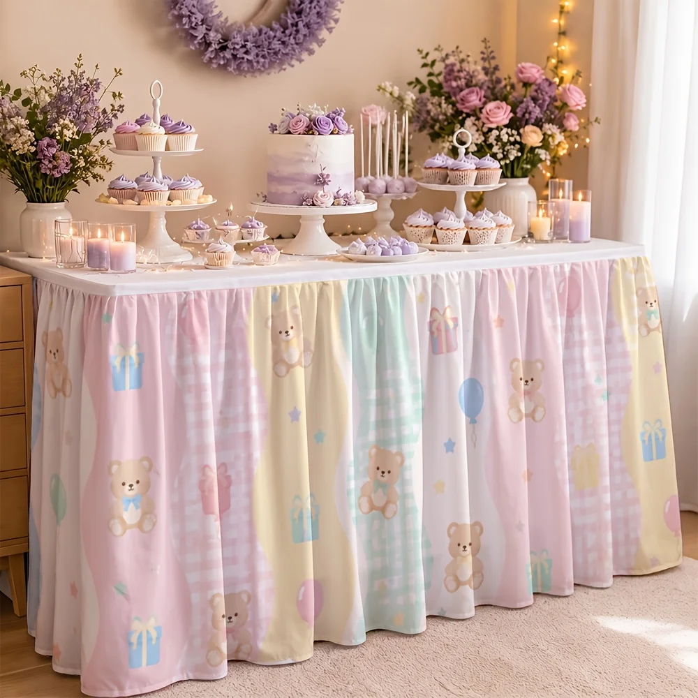 1 tablecloth table skirt, macaron color teddy bear gift balloon wave pattern