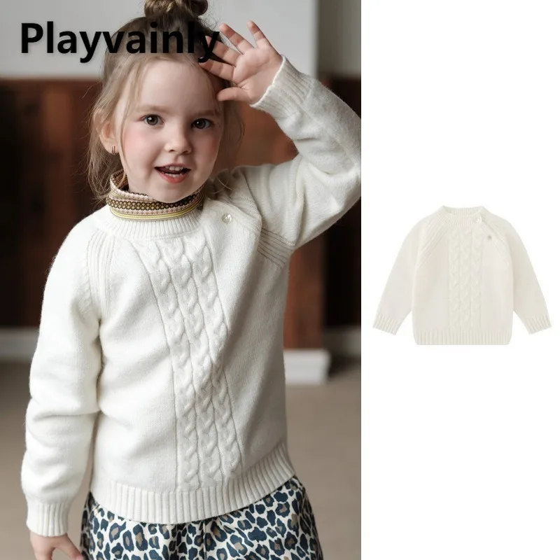 

2025 New Autumn Winter Girls Fashion Warm Knitted Pullover Tops Apricot White O-neck Long Sleeve Sweaters Children Clothes W5155