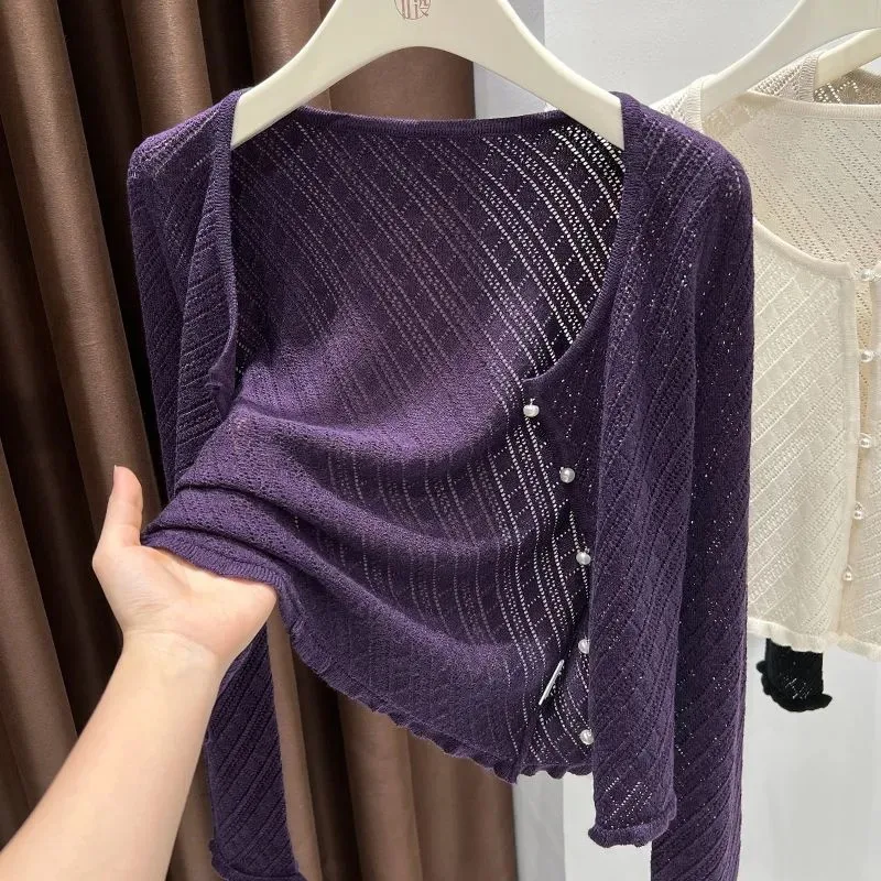 Womens Lavender Hollow Knit Crop Cardigan Pearl Button Short Sleeve Casual Layering Outerwear