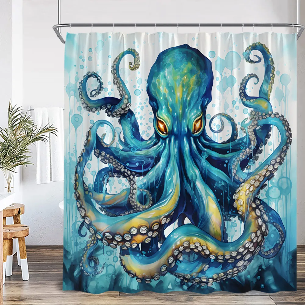 Octopus Nautical Shower Curtain Octopus Tentacle Ship Adventure Ocean Animal Marine Life Polyester Bathtub Curtain with Hooks