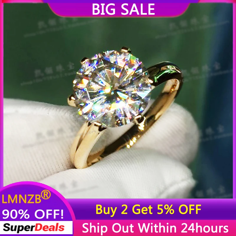 

LMNZB Fine Yellow Gold Color Ring Luxury Round Solitaire 8mm 2.0ct Cubic Zircon Rings Wedding Band Jewelry Accessories for Women