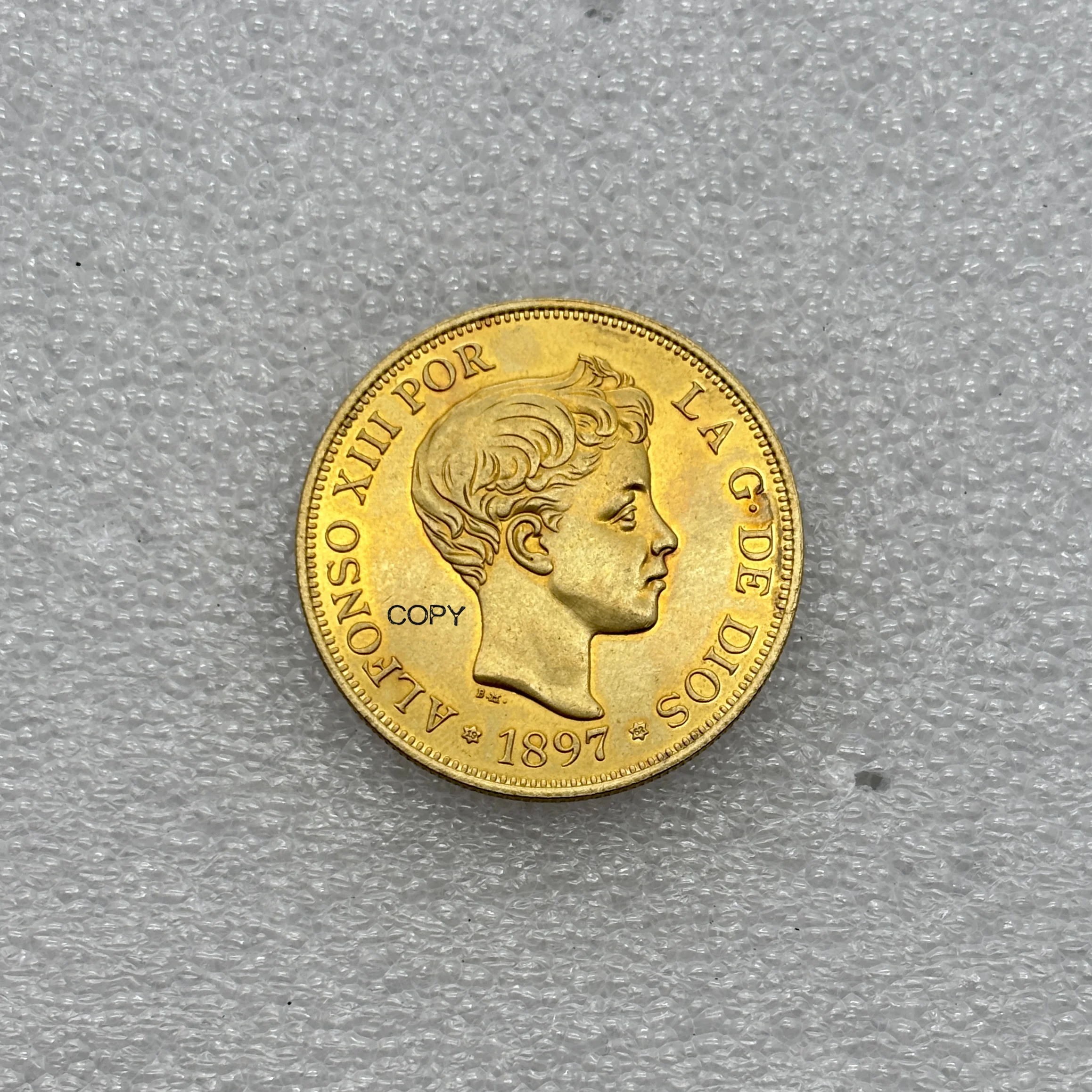 Monedas de Recuerdo de España 1897, 100 Pesetas, Alfonso XIII, 3.º Retrato, Copia de Metal de Latón