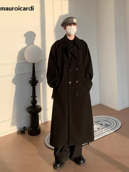 Men's Long Oversized Wool Blend Overcoat 5 Mauroicardi Autumn Winter Long Oversized Windproof Black Warm Woolen Coat Men Sashes Double Breasted Wool Blends Overcoat 2023 5