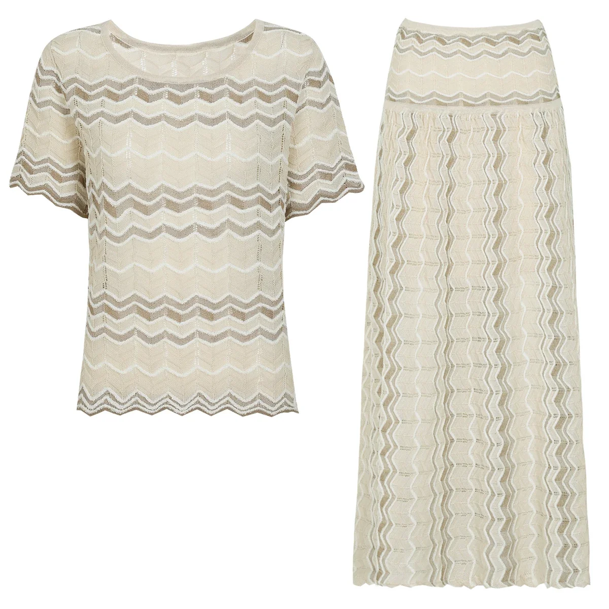 Summer Wave Pattern Knit Cami Top And Skirt Set High Quality Commuting Two Piece Outfit