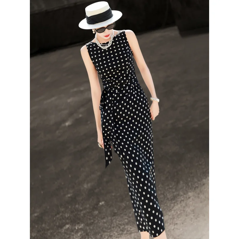 

MEXCOCO 2026 New Summer French Retro Round Neck Sleeveless Polka Dot Wrap Sash Tie Waist Slim Maxi Dress
