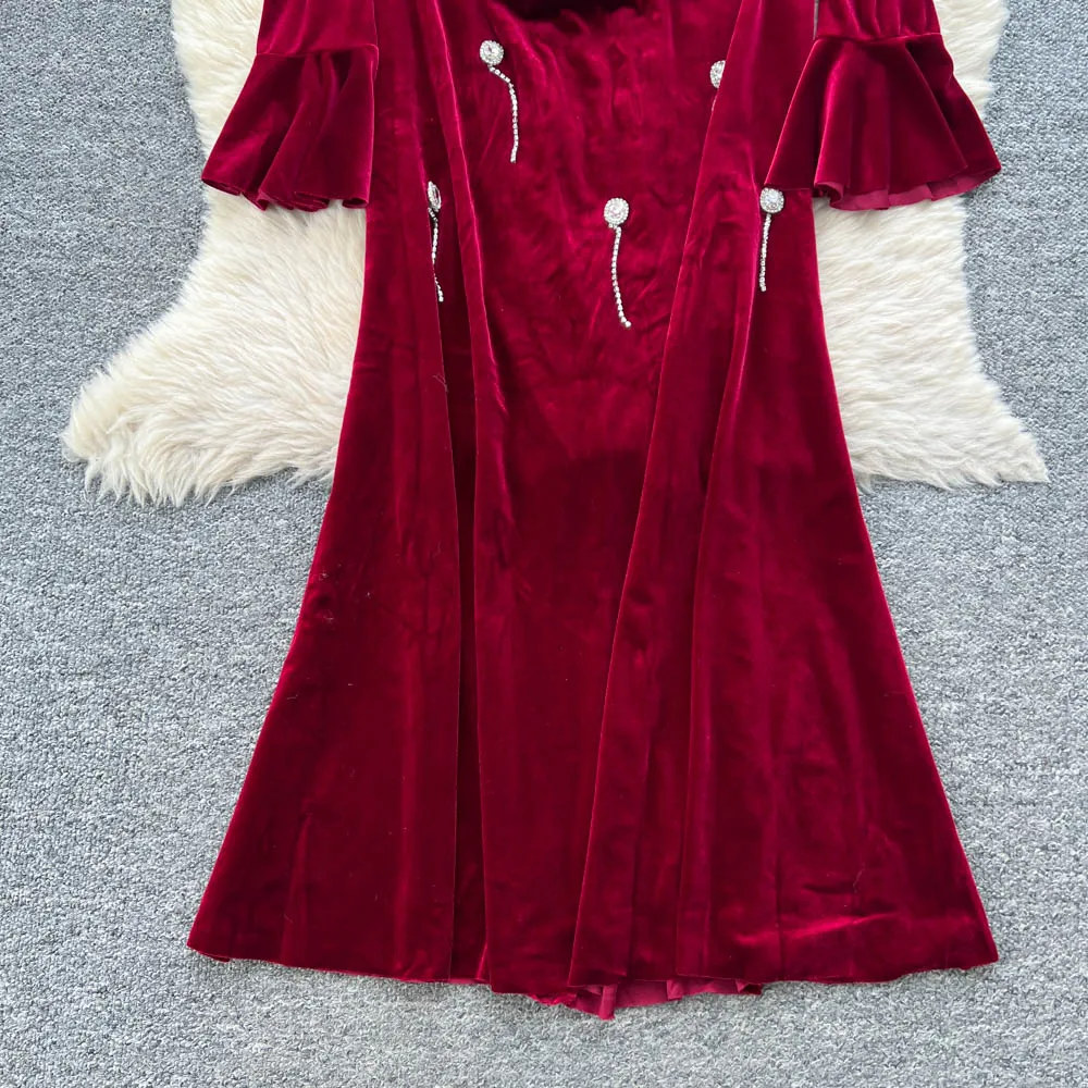 vintage elegante vierkante hals flare mouw velours jurk vestidos damesmode retro feestceremonie jurken