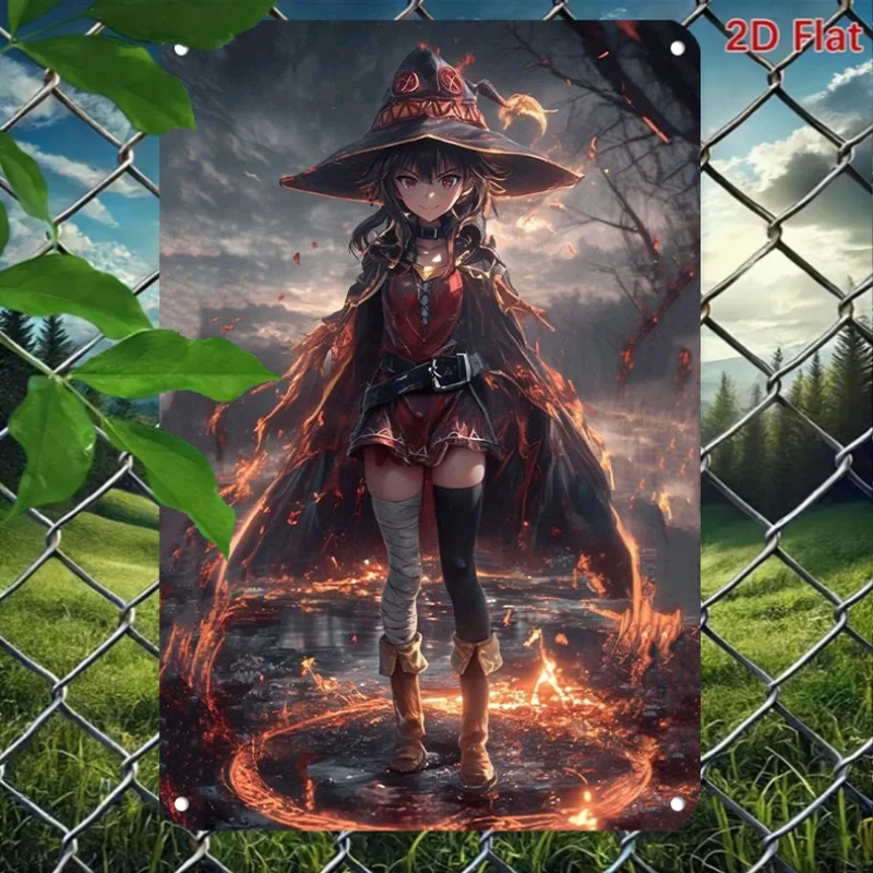 CIFBUY KonoSuba Megumin Tin Wall Sign, Anime Witch Warrior Character Metal Plate Ornament for Indoor Decoration