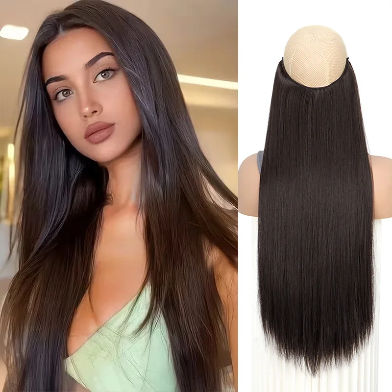 Extensión de cabello largo liso sintético de 24 pulgadas, invisible con hilo de pescar, resistente al calor, para uso diario