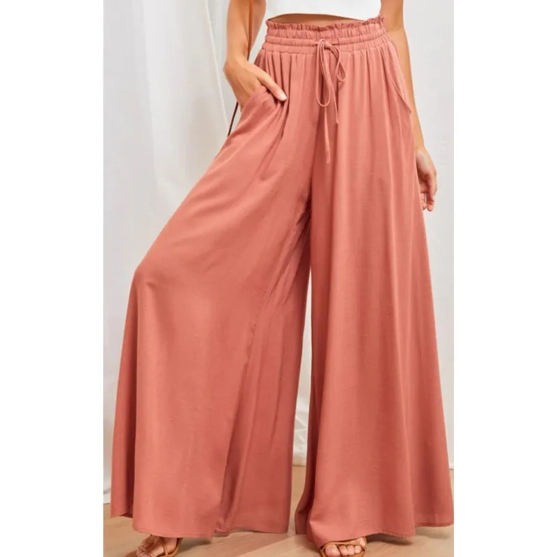 Spring And Summer New Women's Wide Leg Long Pants With Elastic Waist Casual High Waist Pants Solid Color Woman Rompers Pantalons