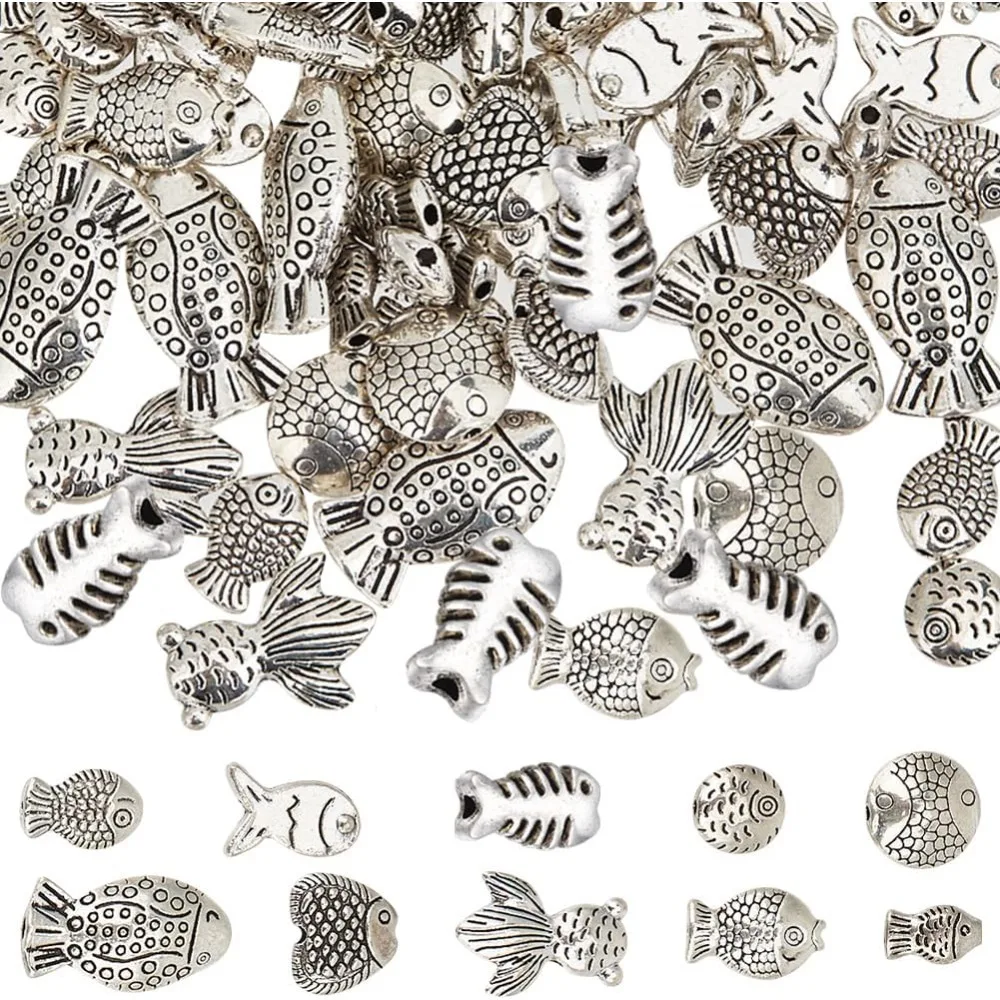 

100Pcs Fish Beads Bulk Fishes Spacer Beads Alloy Ocean Animal Loose European Vintage Bead for DIY