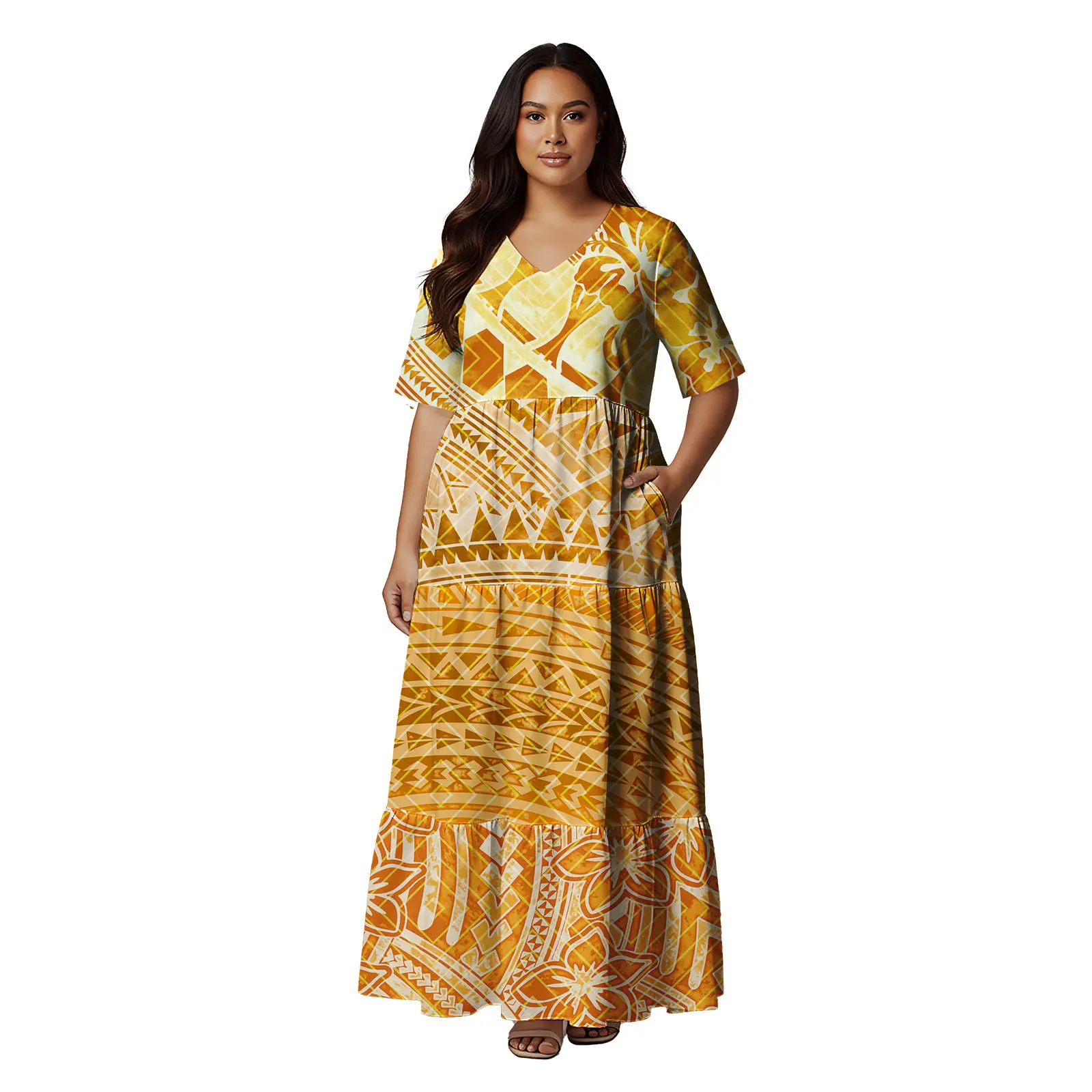 半袖ハワイ風トロピカル花柄ティアードケーキドレス マキシ丈ポリネシア風衣装 トライバルアイランド フィジー トンガ 教会ドレス