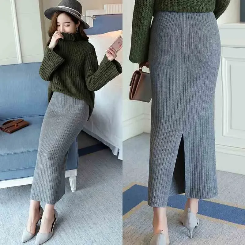 Hight Quality Autumn Winter Woolen Skirts Slim Belt Office Long Midi Skirt Step Pencil Skirt Knitted wool skirt PZ1193