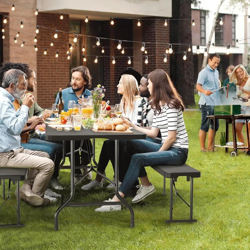 

Picnic Table Set with 2 Benches, 6 Feet Camping Table Chair Set,3-Piece Folding Furniture for Indoor or Outdoor Use, Smooth