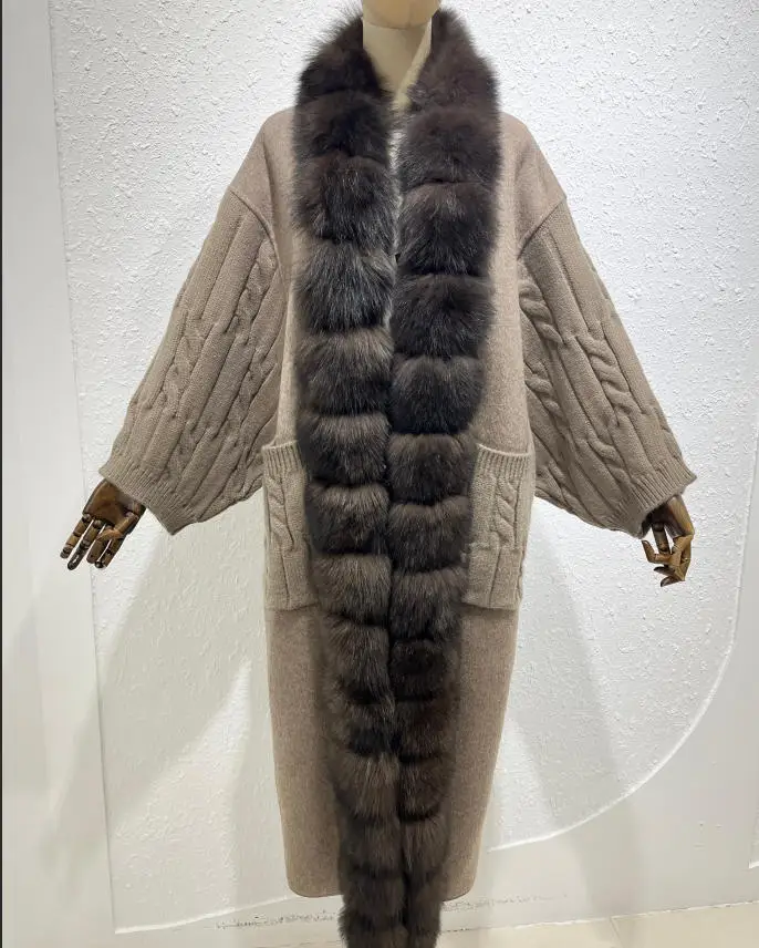 New Luxury Winter Real Natural Fox Fur Collar Woolen Blends Knit Long Overcoats Women Loose Warmth Cashmere Fur Jacket