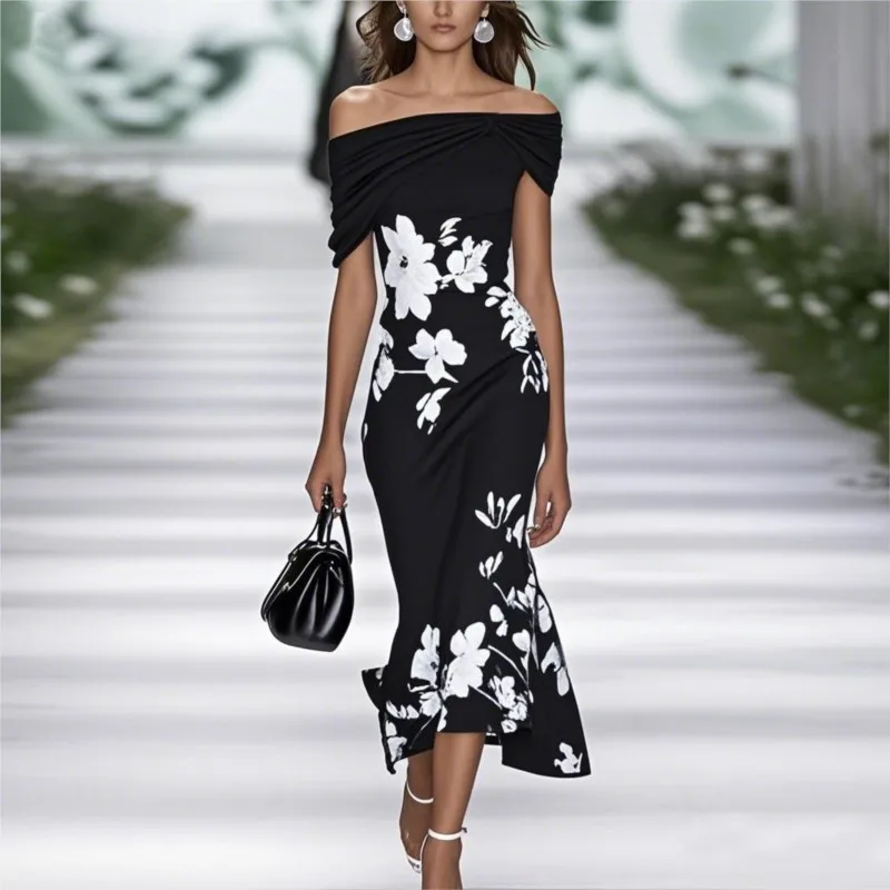 Vestido largo elegante para ir al trabajo, vestido largo con estampado de flores y hombros descubiertos, vestido acampanado para mujer, nueva moda, vestido envolvente de cintura alta con huecos a la cadera