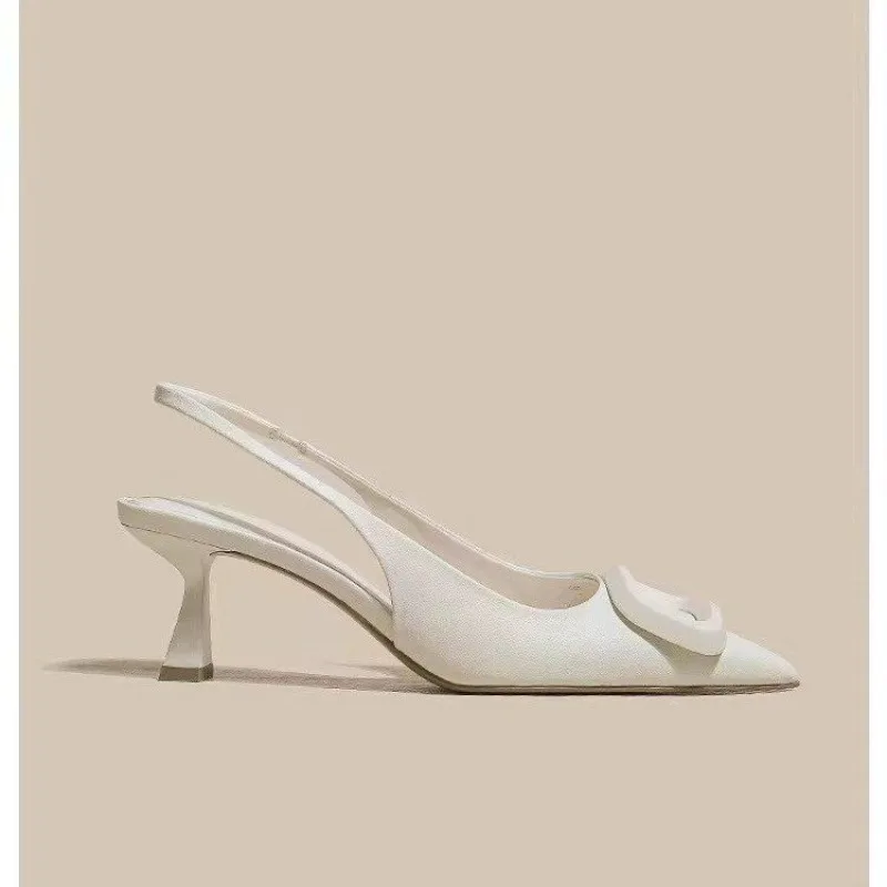 Slingback Off White Salto Alto para Mulher, Bombas Elegantes, Estilete, Dedo Apontado, Sandália Salto, Sapato de Escritório Feminino, 2023