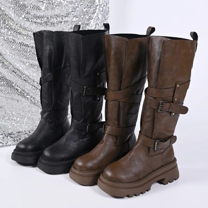 

2025 New Vintage Thick Bottom Woman Knee High Boots Fashion Belt Buckle Zippers Shoes Female Knight Long Booties Shoes