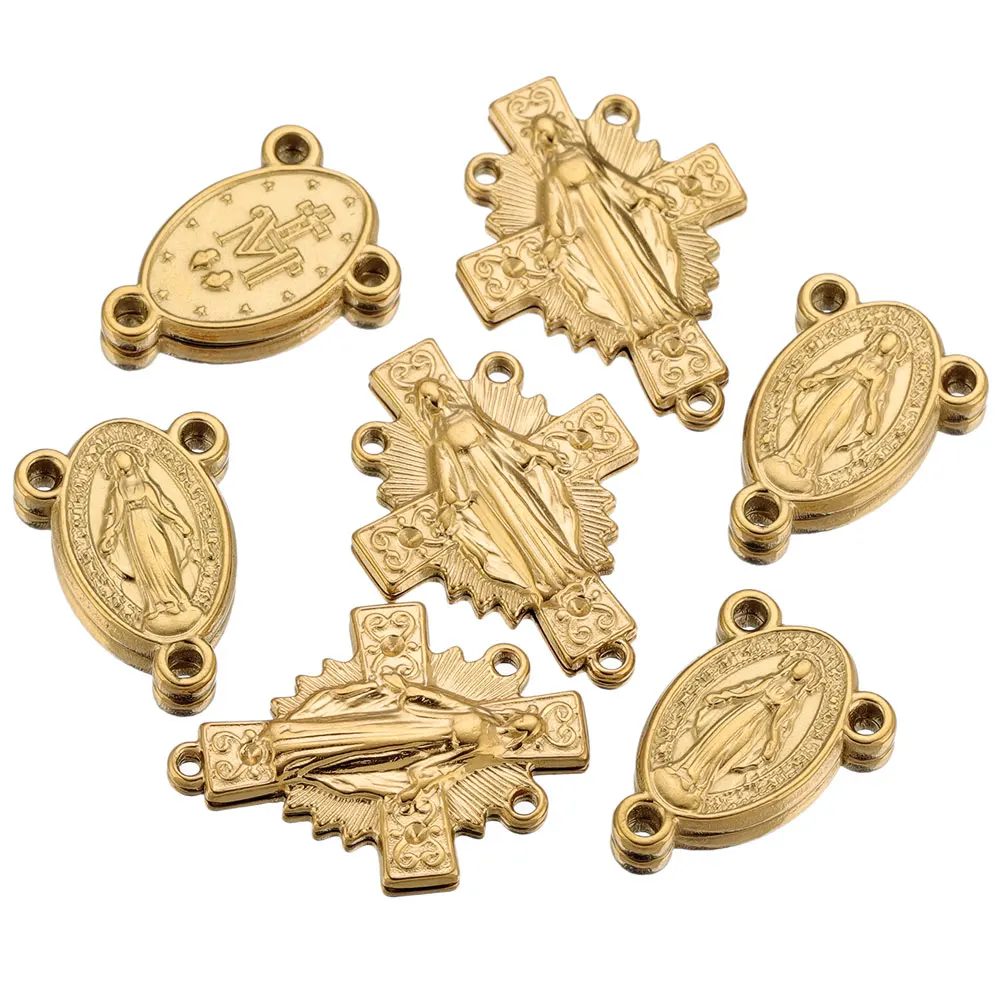5 piezas de medallas de la Virgen María y cruces de acero inoxidable, conectores de tres vías, dijes y colgantes para la creación de collares y joyas, venta al por mayor.