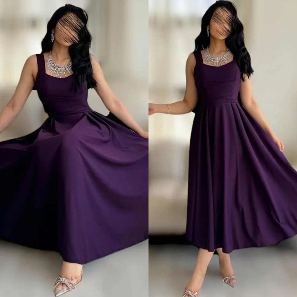 사용자 정의 절묘한 보라색 스퀘어 칼라 이브닝 드레스 우아한 새틴 민소매 댄스 파티 드레스 공식 생일 파티 Dresse